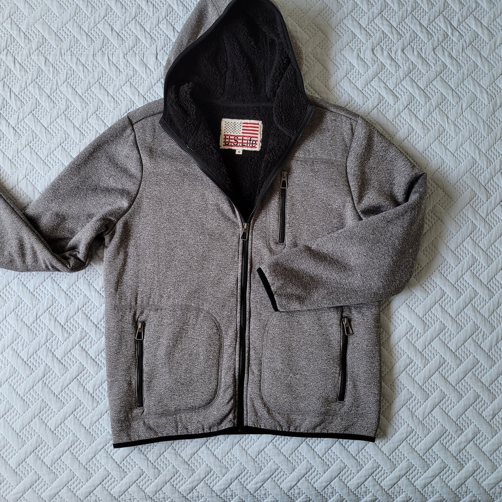 U.S. Life Men's Heather Gray Sherpa-Fleece Lined Full-Zip Hoodie - Picture 4 of 11
